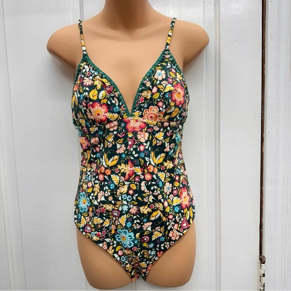 NWOT LOFT beach dark‎ teal bright floral 1 one piece swimsuit women's 6